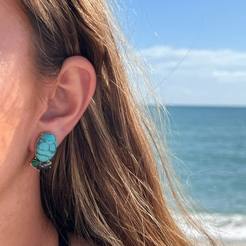 Rosebud button earrings, turquoise