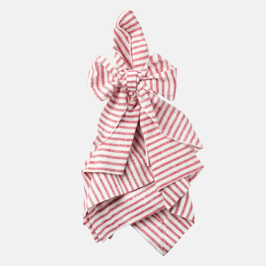 Bow linen napkin, red stripe, set of two