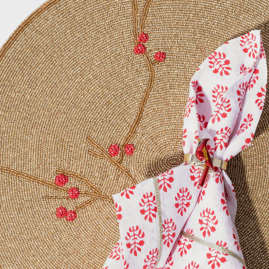 Berry hand beaded placemat , gold and red