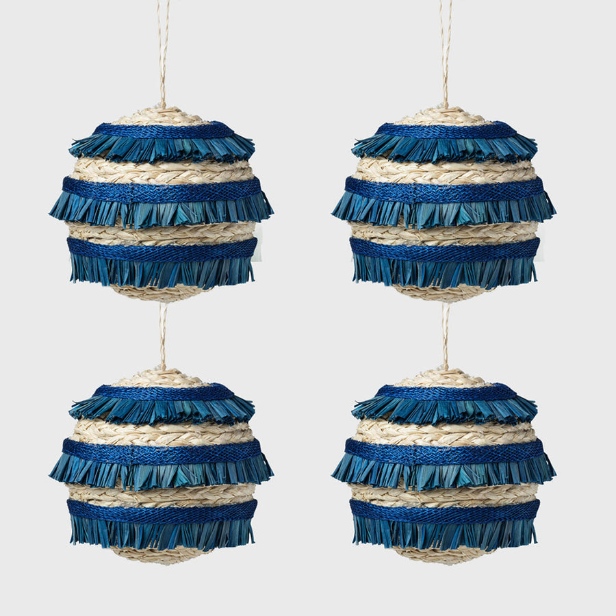 Ruffle straw balls, set of four, blue