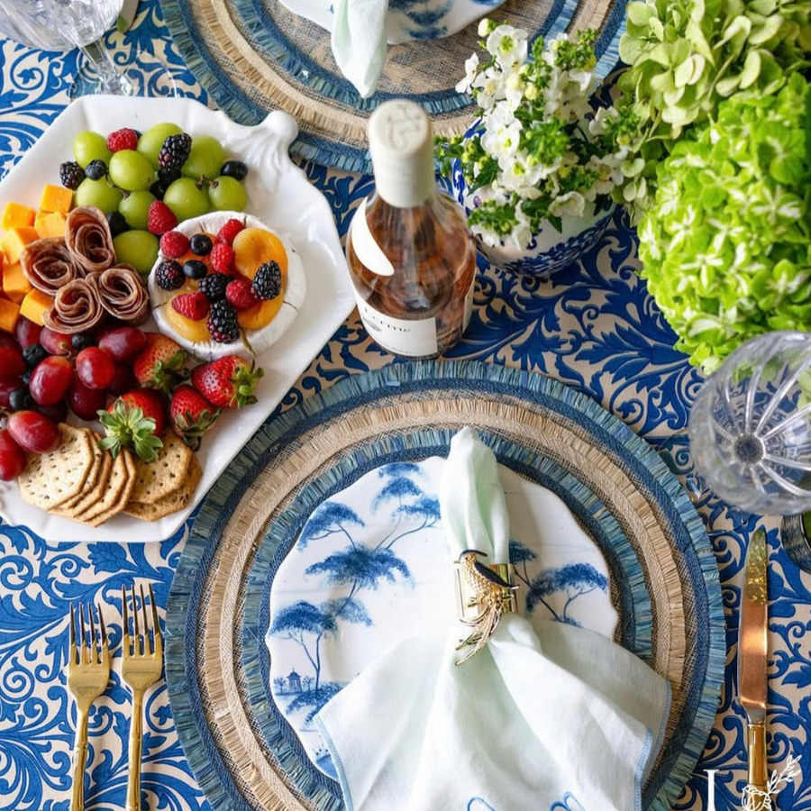 Damask print tablecloth, blue