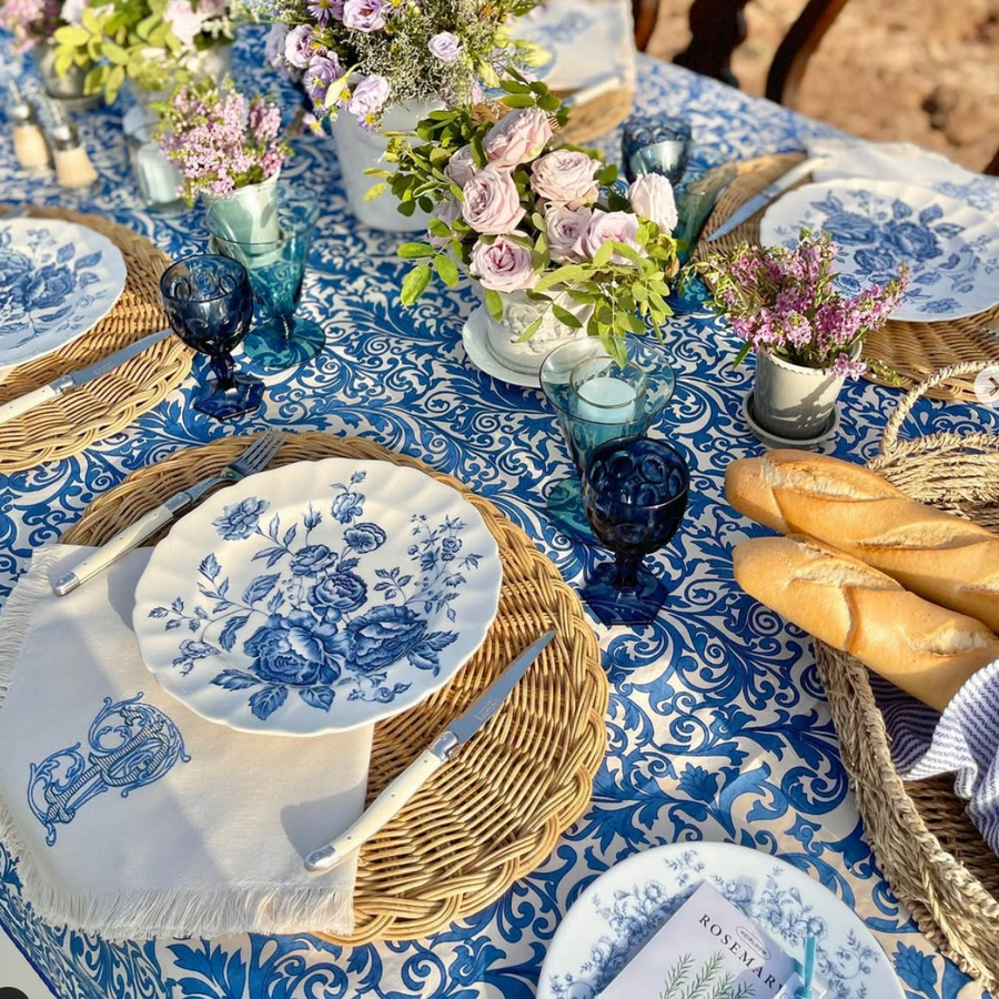 Damask print tablecloth, blue